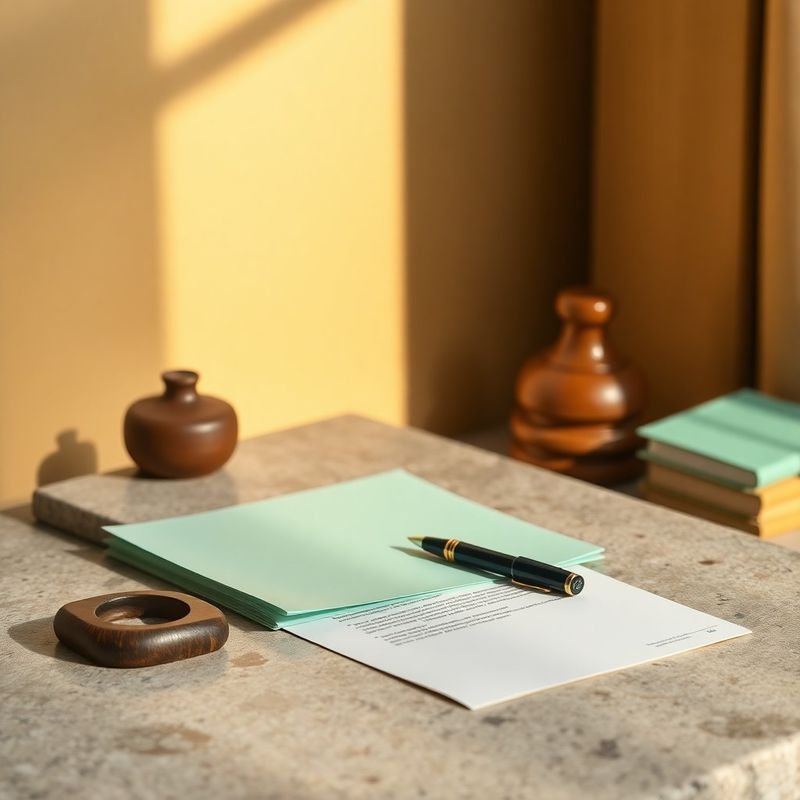 Stone surface desk with mint-toned paperwork and a fountain pen