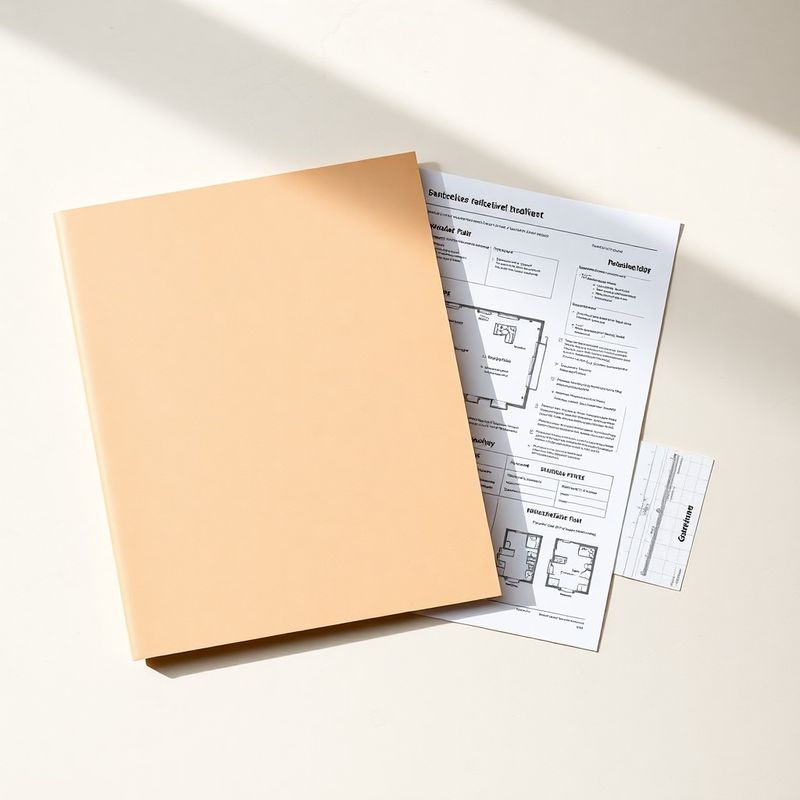Editorial flat-lay of structured financial documents, a stone-mint folder, and an architectural floor plan