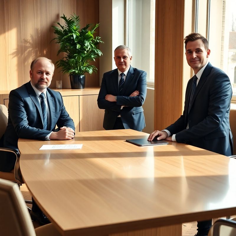 Three advisers in formal attire around a stone-mint conference table